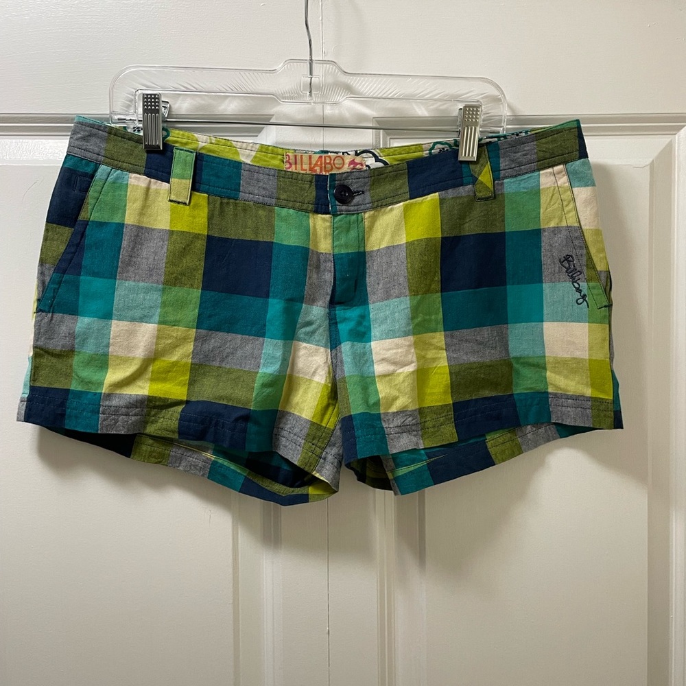 Billabong Juniors Size 11 Green and Blue Plaid Low Waist 100% Cotton Shorts Y2K